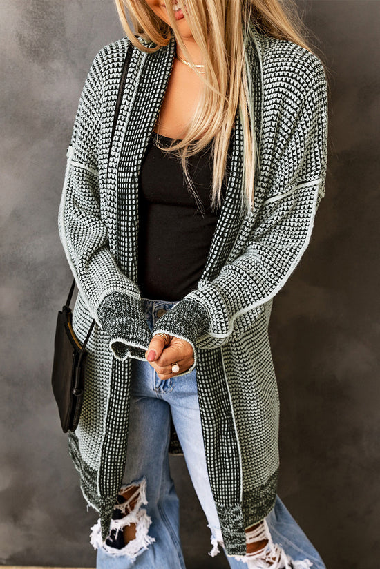 Grey Plaid Knitted Long Open Front Cardigan