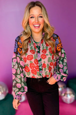 Red shirt with puffy sleeves and floral print color block