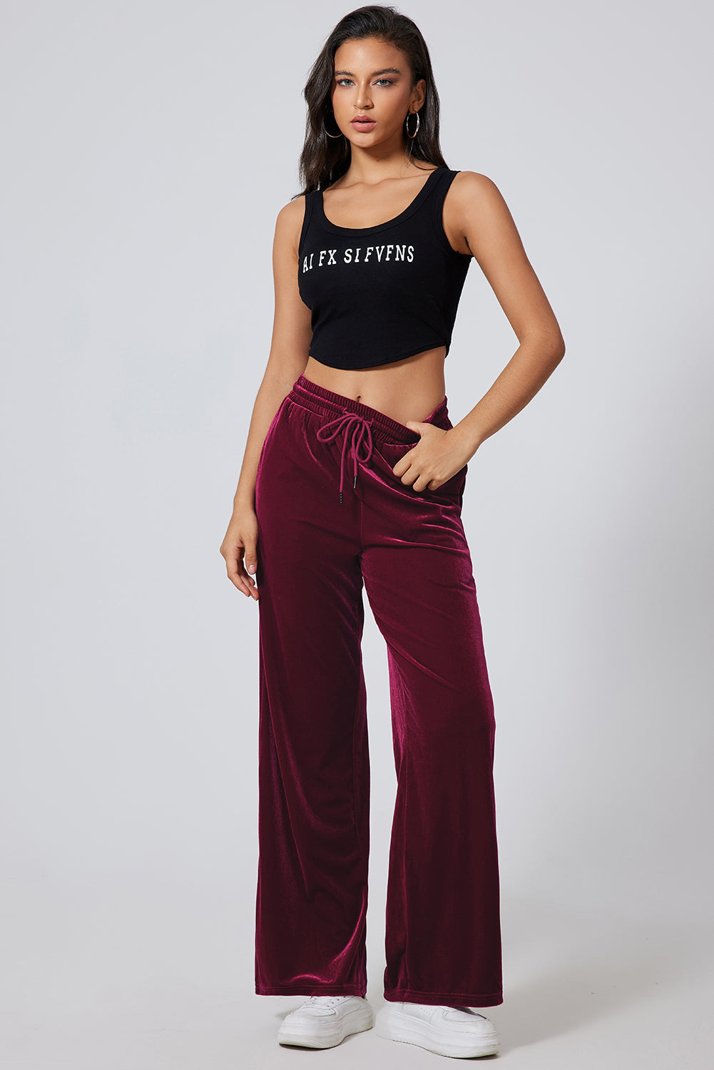 Pantalon large bordeaux uni à taille avec cordon de serrage