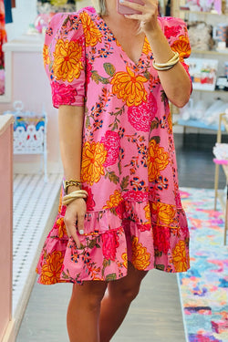 Pink Floral Mini Dress with Puff Sleeves and Ruffled V-Neck