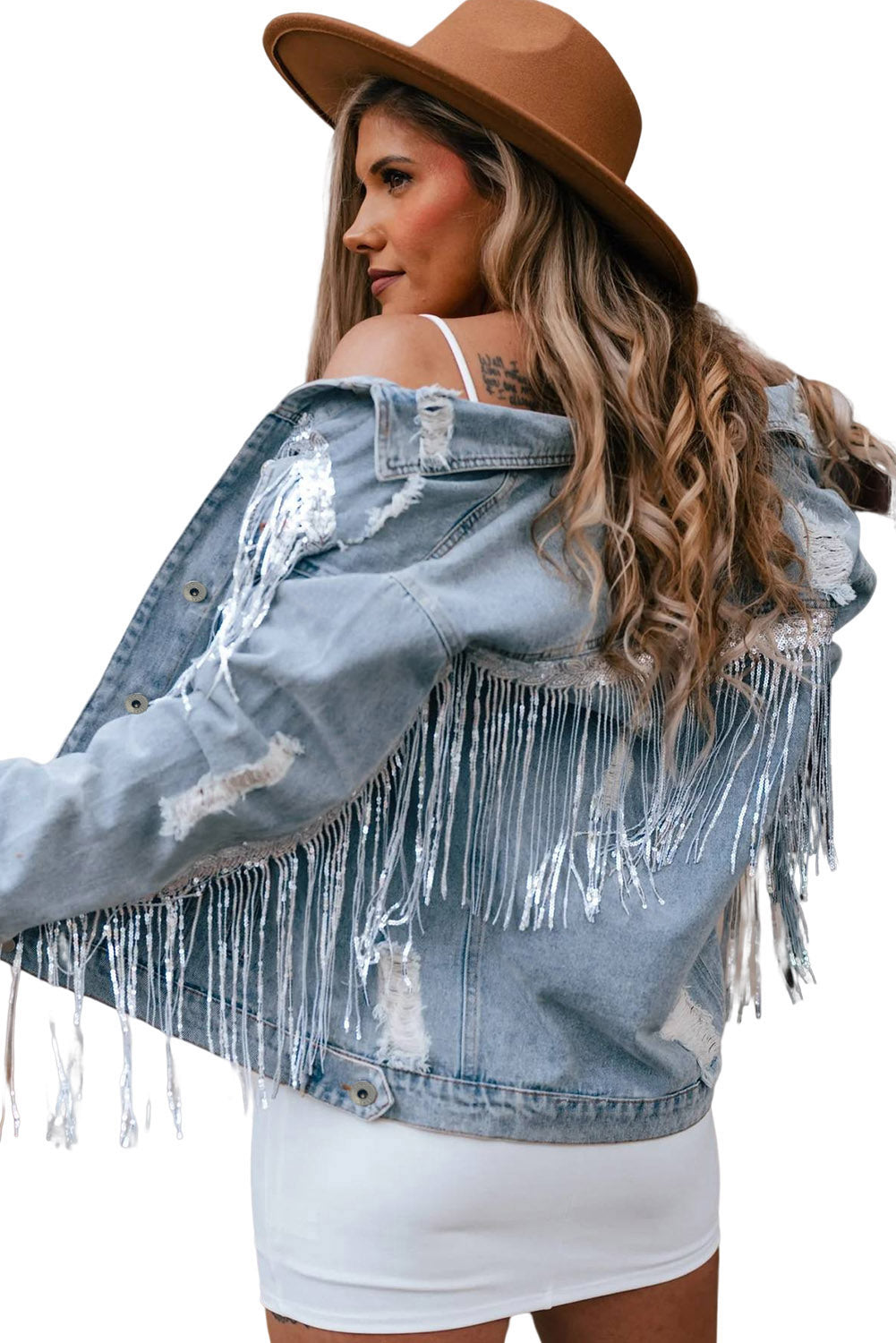 Sky Blue Sequin Embellie Fringe Dented Denim Veste