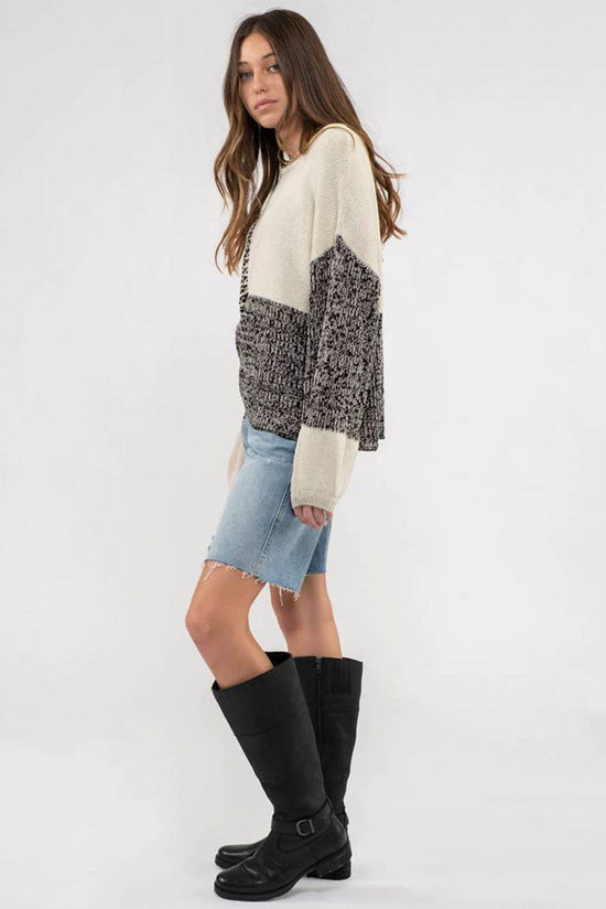 Neutral color block black sweater with tie at the back