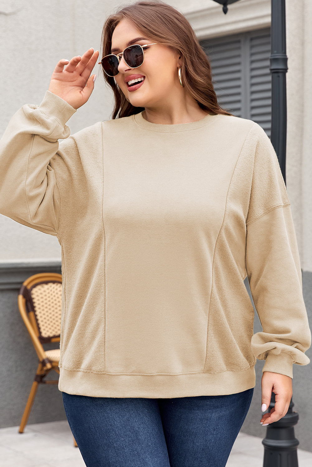 Plus Size Loose Crew Neck Patchwork Sweatshirt Apricot