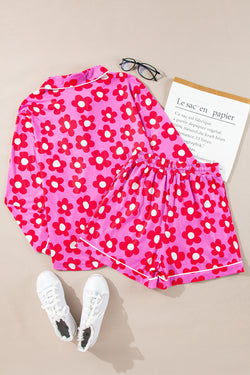 Ensemble pyjama chemise et short à manches longues et imprimé fleurs roses