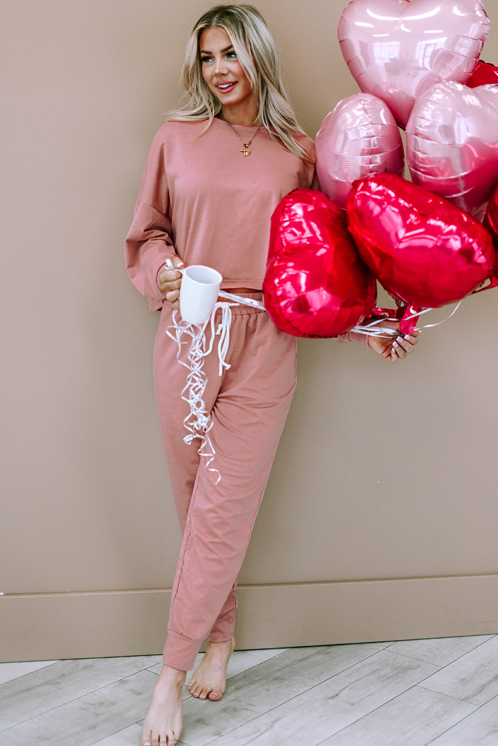 Pink Solid Sport Boxy Fit Pullover & Pants Outfit