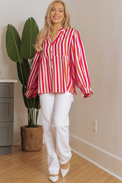 Orange striped blouse, balloon sleeves, notched v collar, buttoned on the front