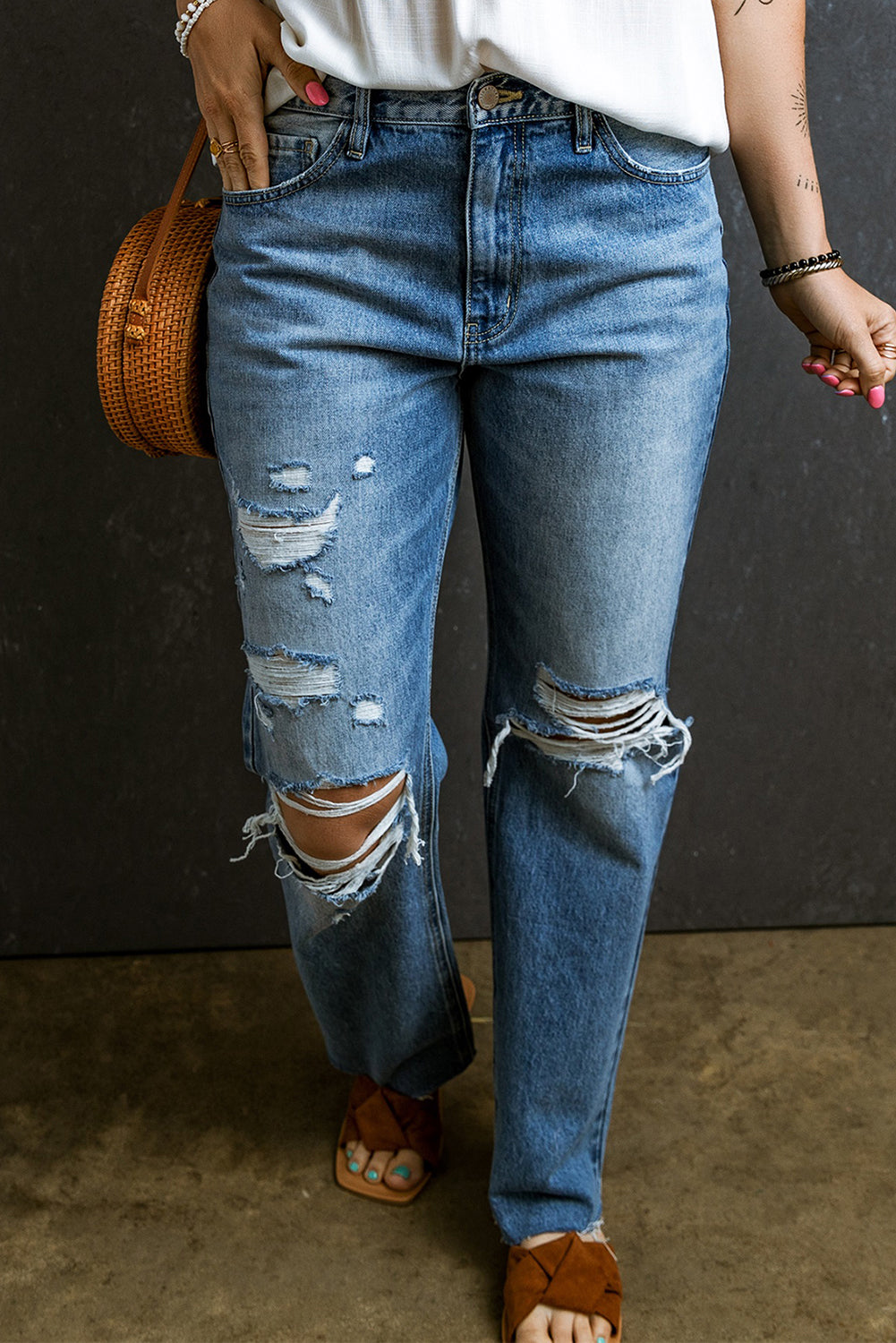 Light Blue Distressed Holes Raw Edge Straight Jeans