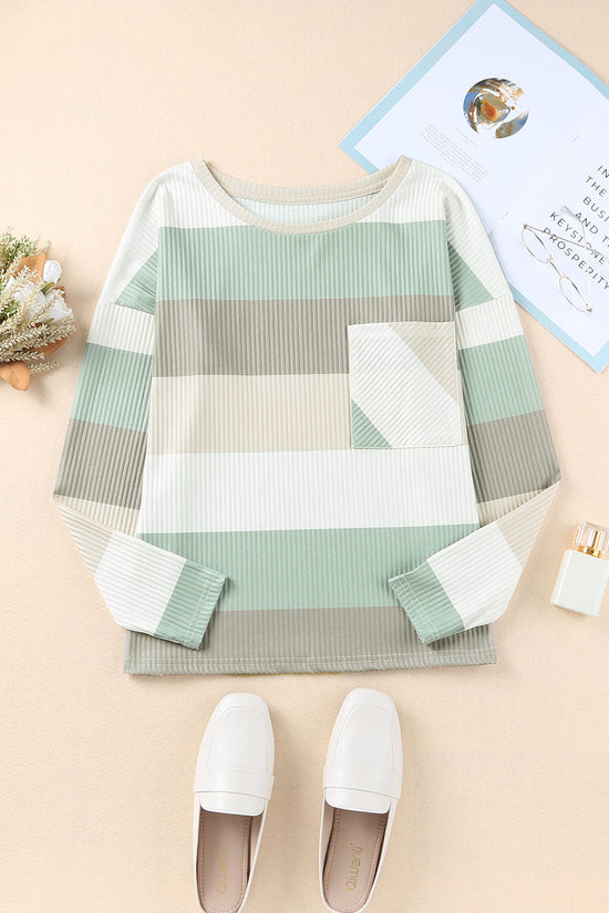 Green Color Block Long Sleeve Ribbed Top with Pocket