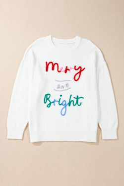 Merry and Bright Christmas Sweater with White Tinsel, Plus Size