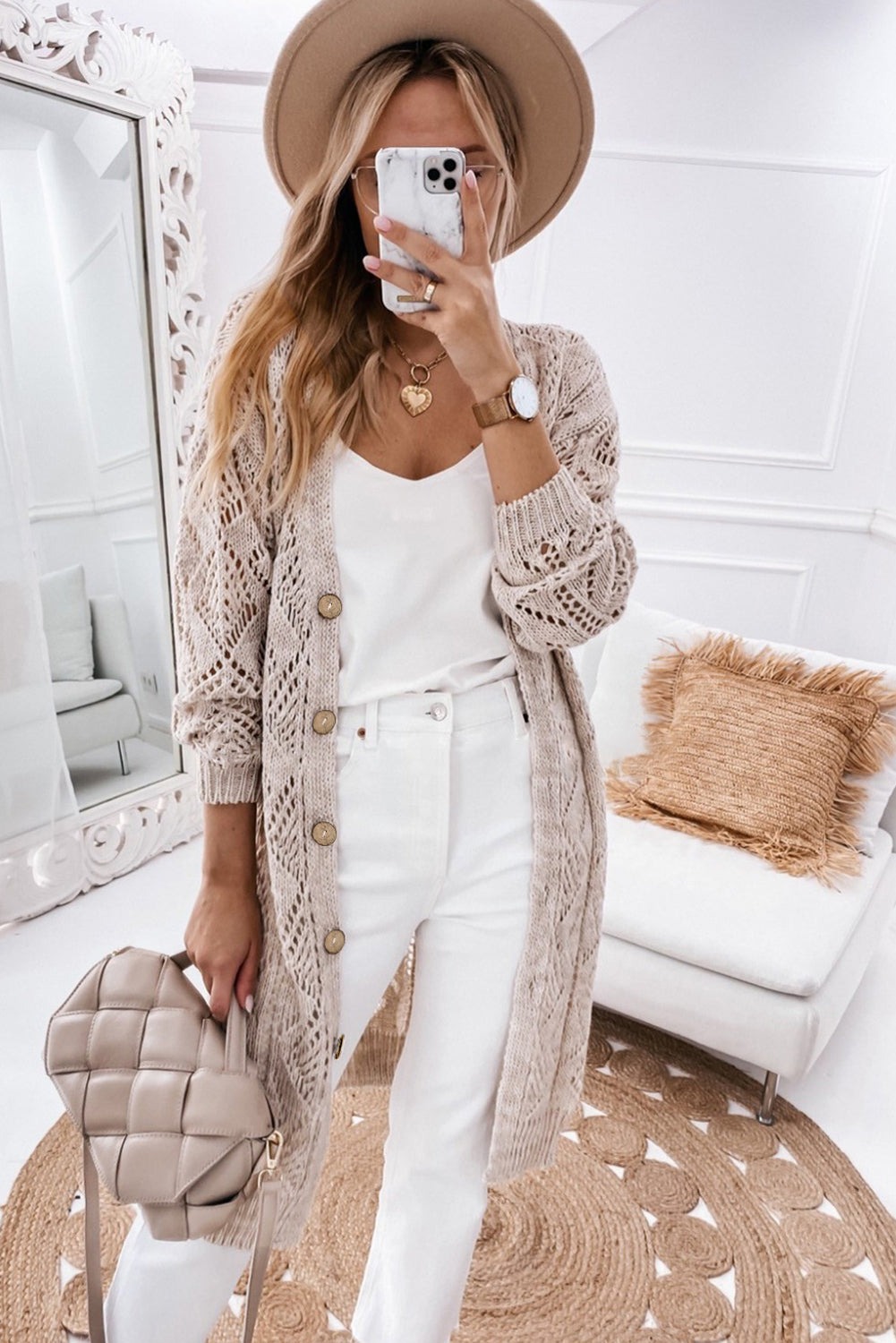 Khaki openwork knit cardigan