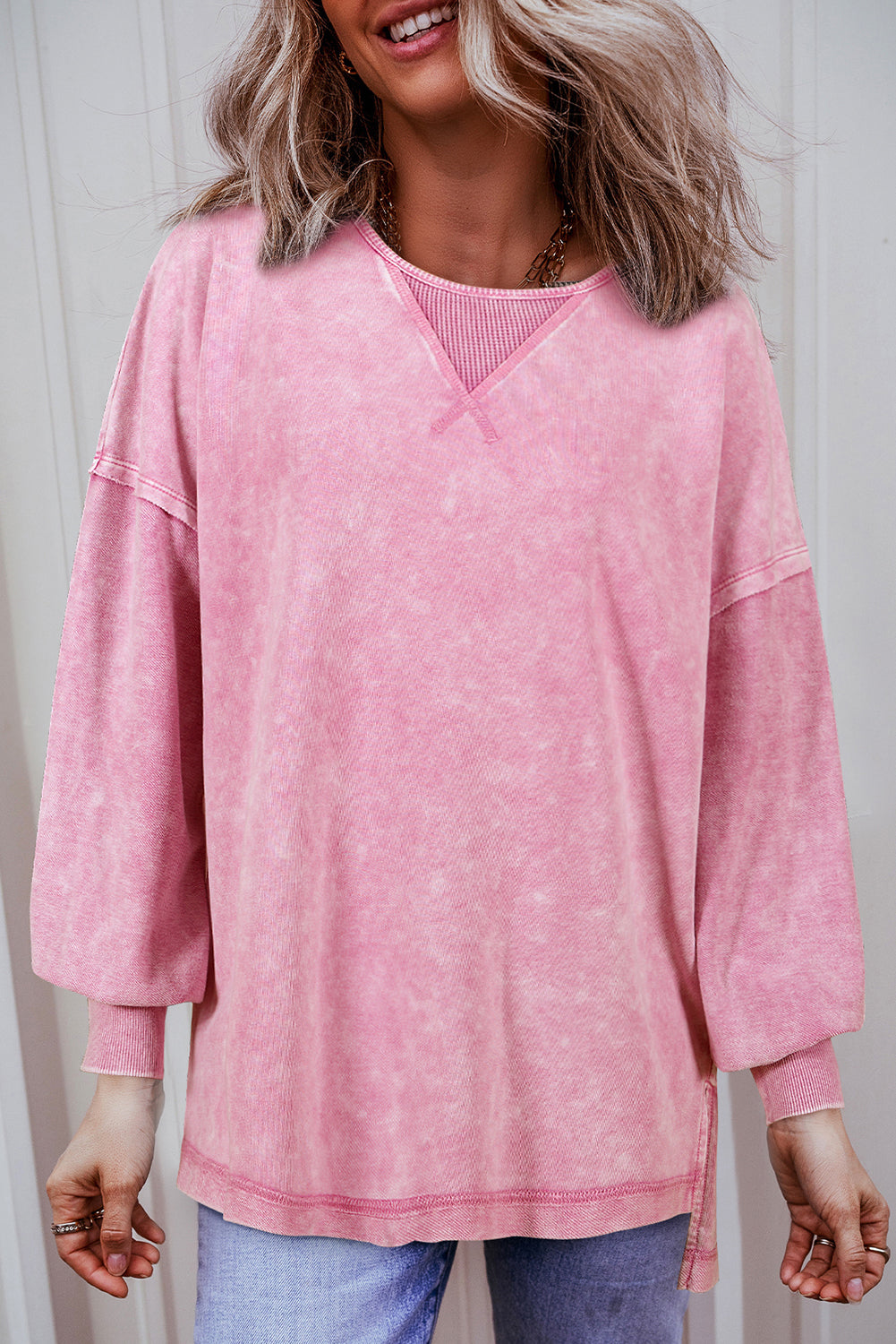 Strawberry Pink Mineral Wash Drop Shoulder Pullover Sweatshirt