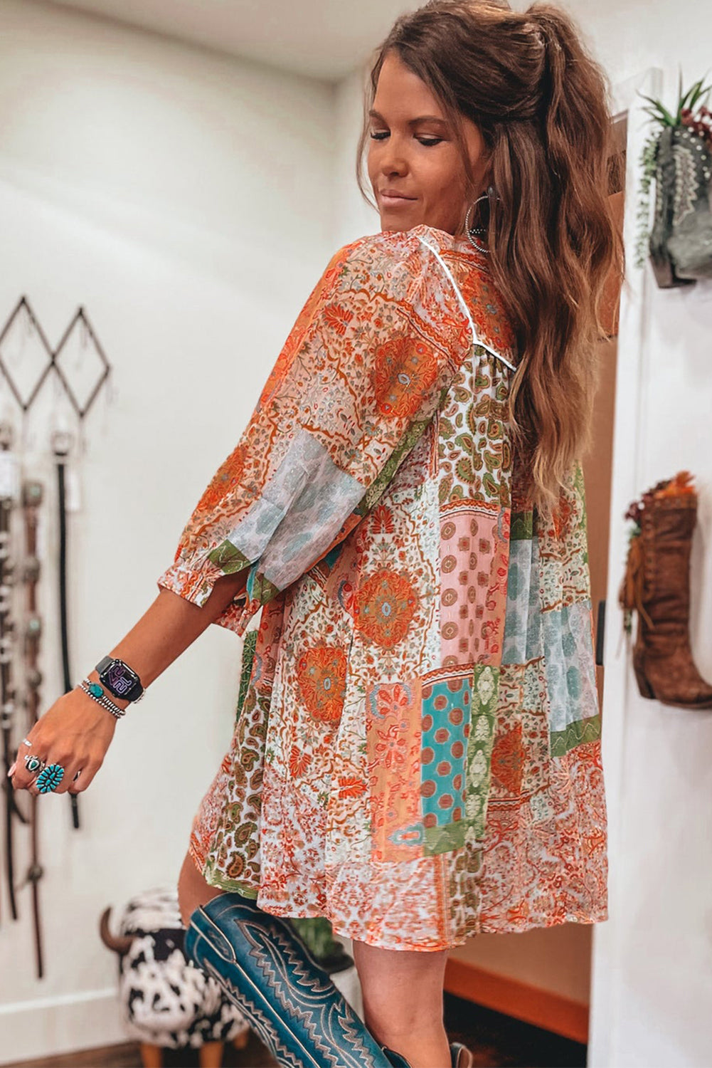 Orange Boho Paisley gemischter Druck 3/4 Ärmel Chiffon Lose Kleid