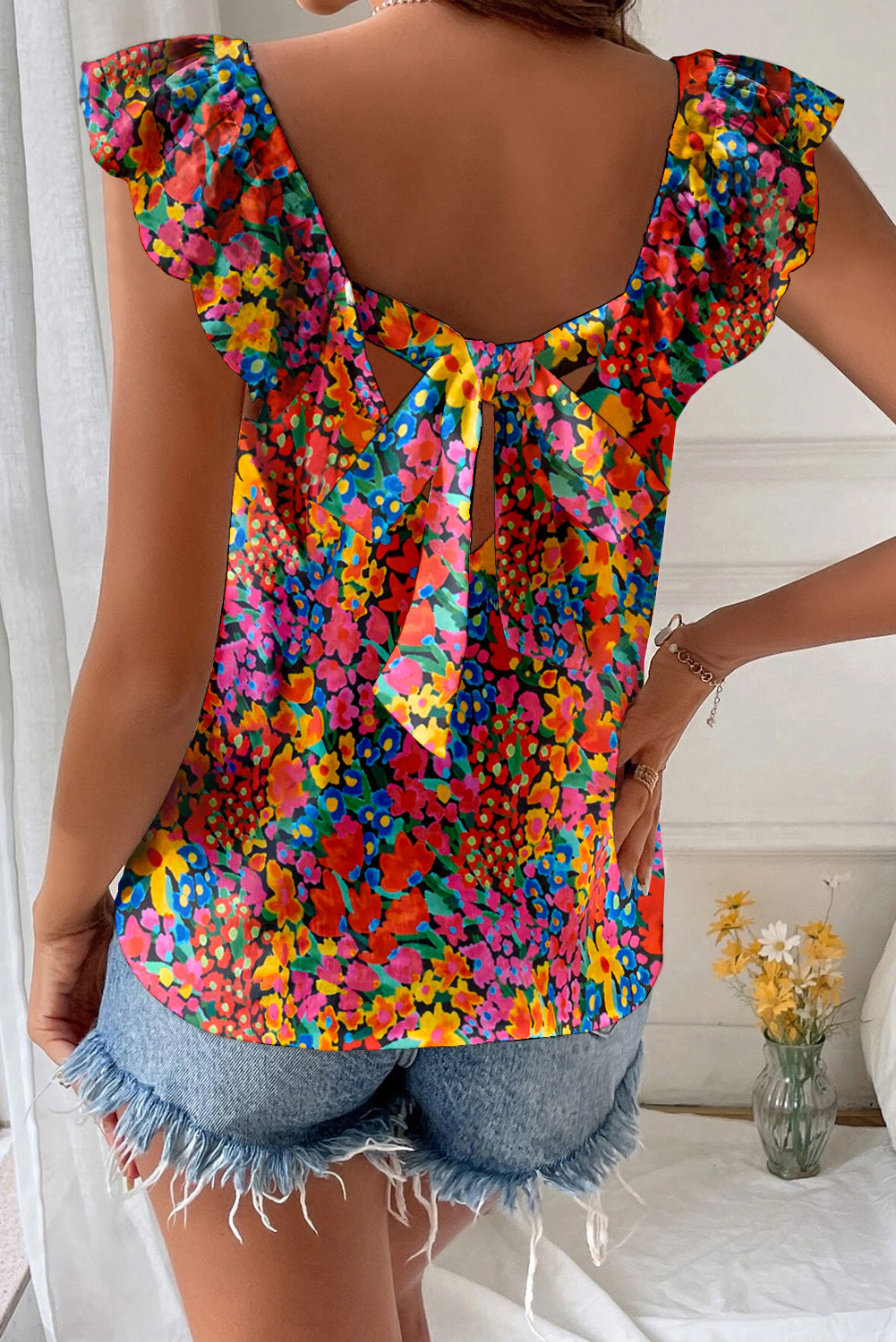 Blusa nodo a tappo a tappo a stampa floreale multicolore