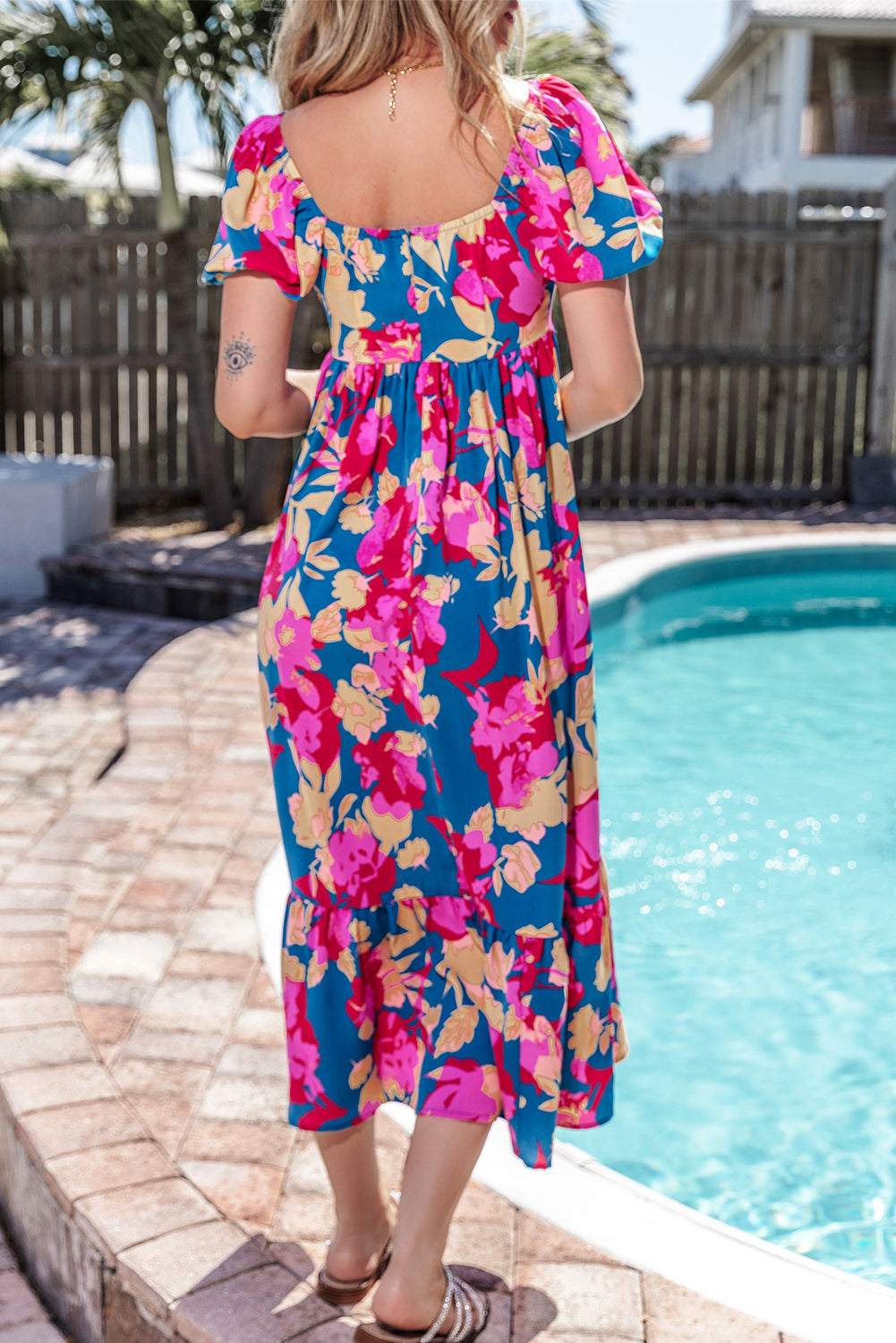 Dark Blue Floral Ruffle Bubble Sleeve Square Neck Dress