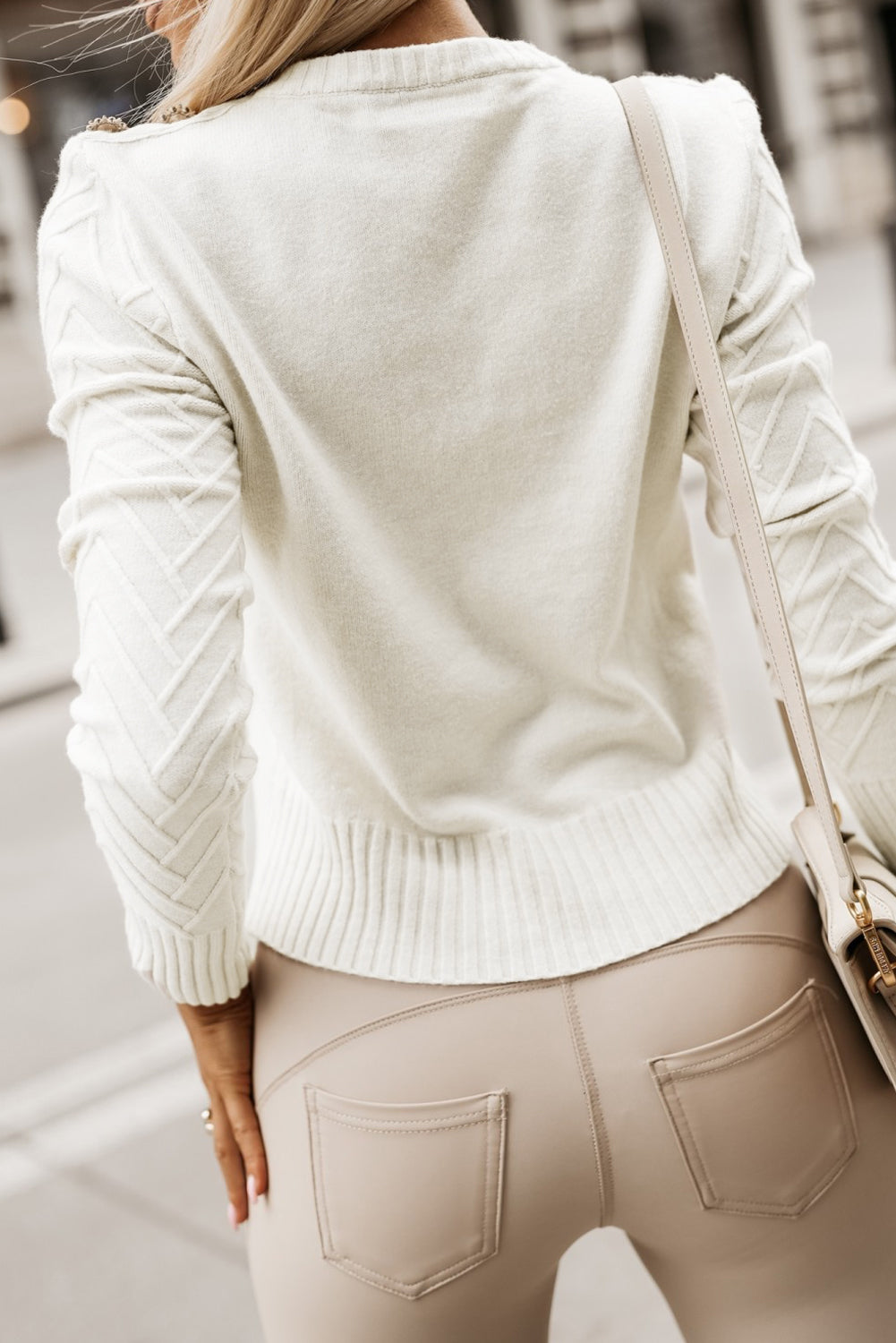 White Textured Knit Button Decor Pullover Sweater