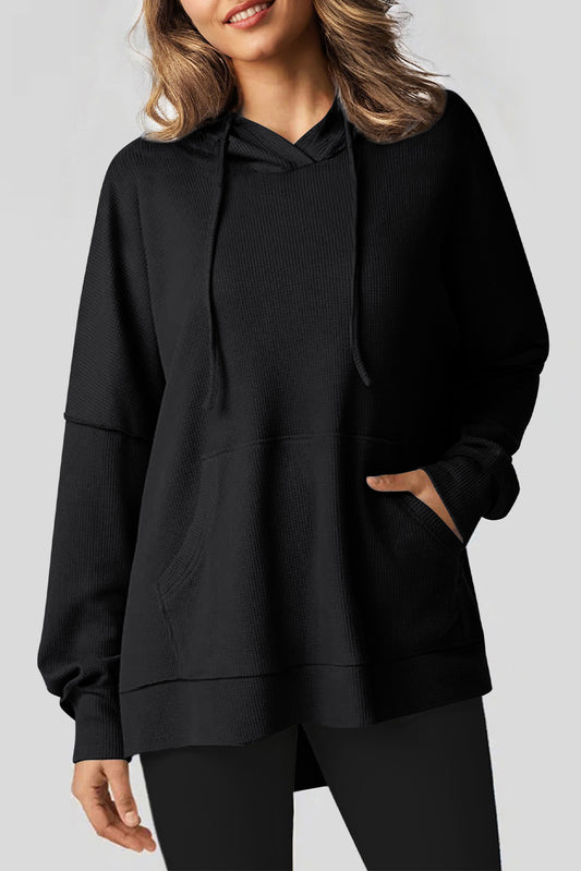 Black Waffel Strick Fleece ausgekleidet hohen niedrigen übergroßen Hoodie