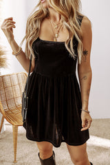 Black Velvet Sleeveless High Waist Mini Dress with Square Neck and Pockets