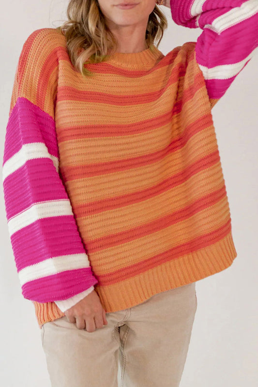 Loose sweater with orange stripes and color block, round neck, dropped shoulders