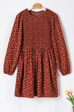 Brown mini dress with smocked floral bodice