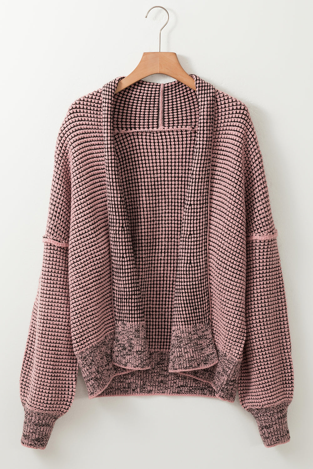 Open front cardigan with contrasting plaid and peach blossom trim