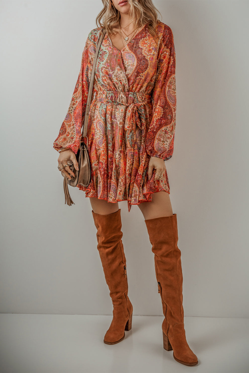 Orange Boho Paisley Stampa Mini Abito con cintura a manica lunga