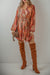 Orange bohemian paisley print mini dress with long sleeves and pleated belt