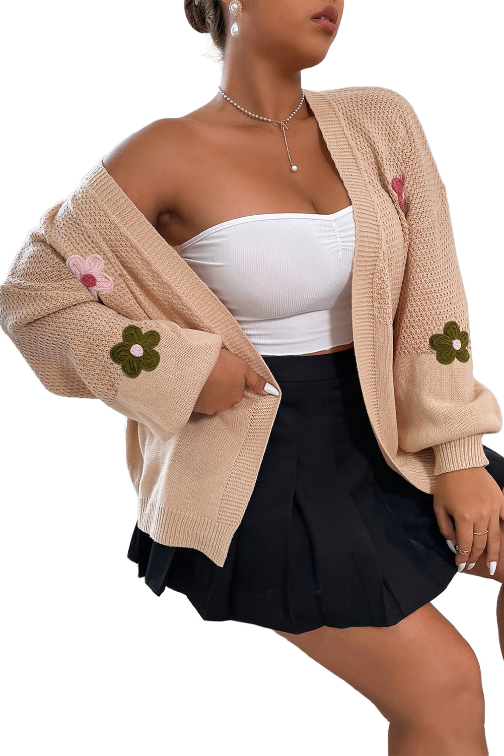 Cardigan gris fumé à manches bulles et épaules tombantes avec appliques florales-A WOMAN WE LOVE