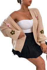 Cardigan gris fumé à manches bulles et épaules tombantes avec appliques florales-A WOMAN WE LOVE