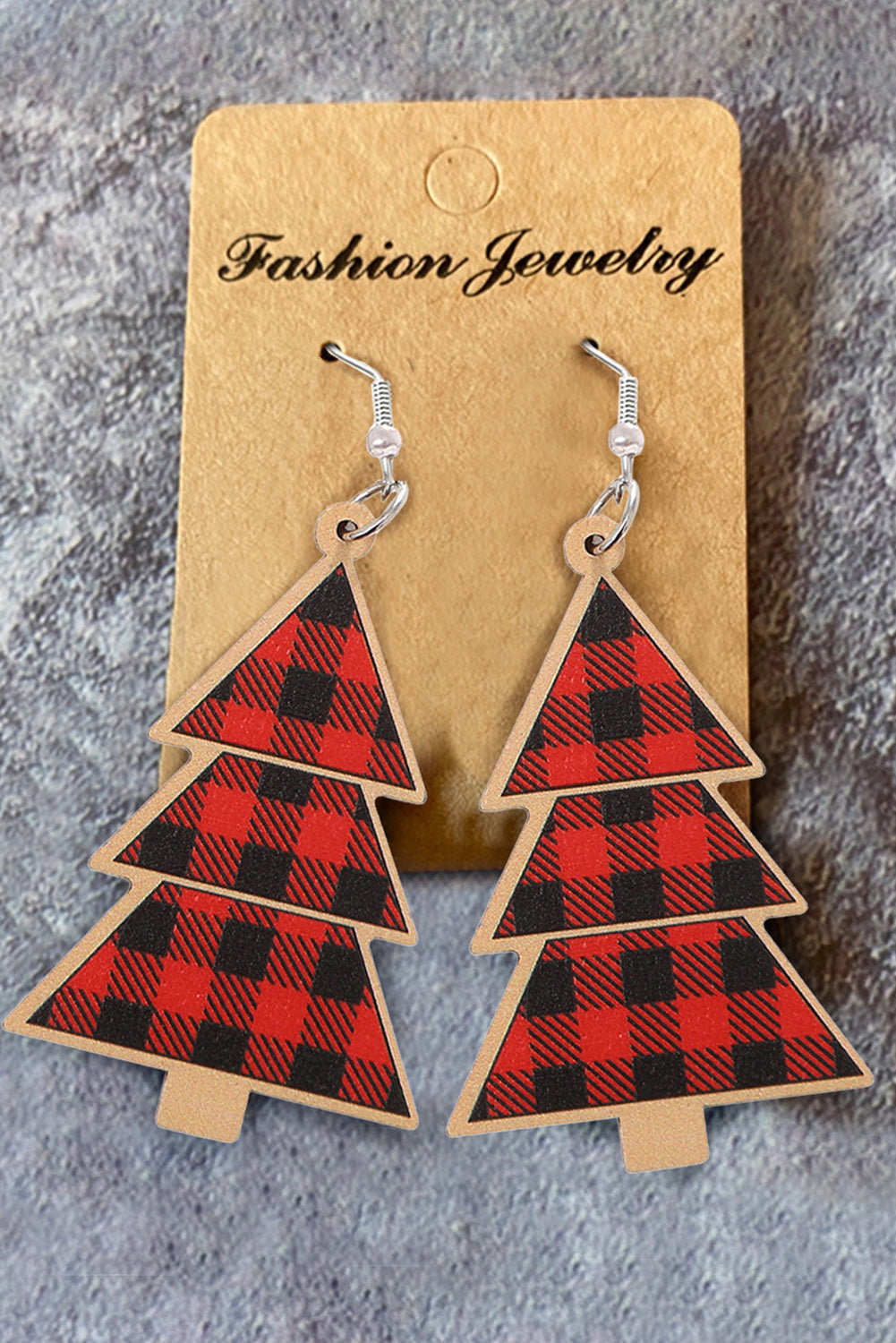 Boucles d'oreilles pendantes en bois d'arbre de Noël à carreaux rouges-A WOMAN WE LOVE