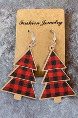 Boucles d'oreilles pendantes en bois d'arbre de Noël à carreaux rouges-A WOMAN WE LOVE