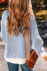 Pull ample à bords contrastés en tricot texturé à rayures bleu foncé