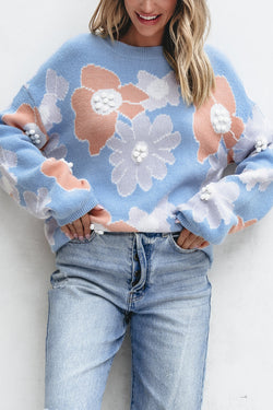 Beau Blue Floral Crew Neck Drop Shoulder Knitted Sweater