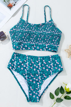 Ensemble de bikini mignon smocké à imprimé floral bleu-A WOMAN WE LOVE