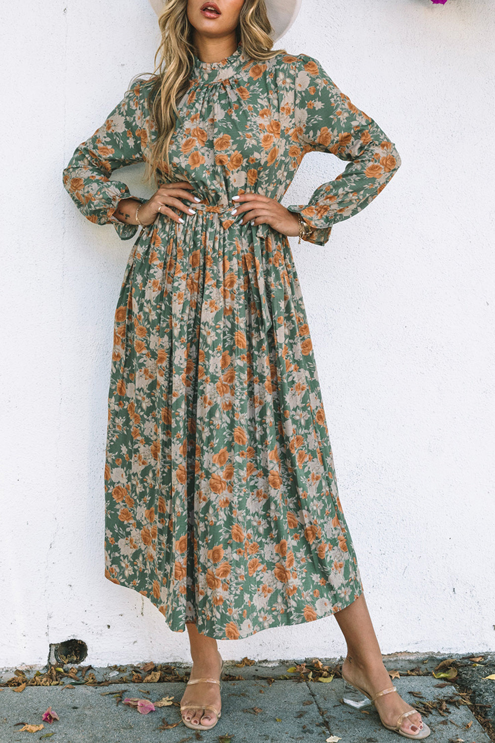 Green Pleated Floral Long Sleeve Maxi Dress with Tie