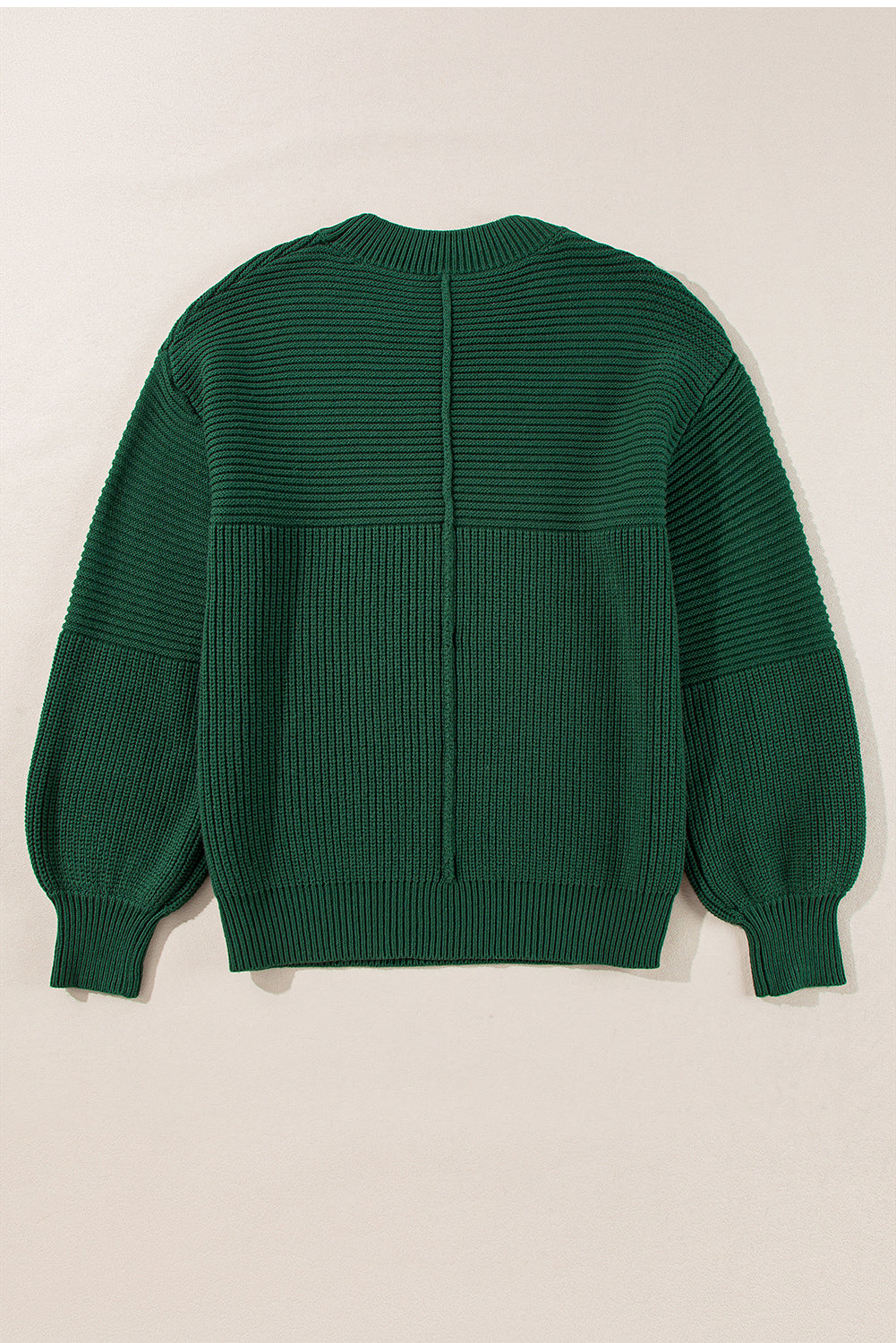 Blackish Green Textured Knit Round Neck Lantern Sleeve Sweater