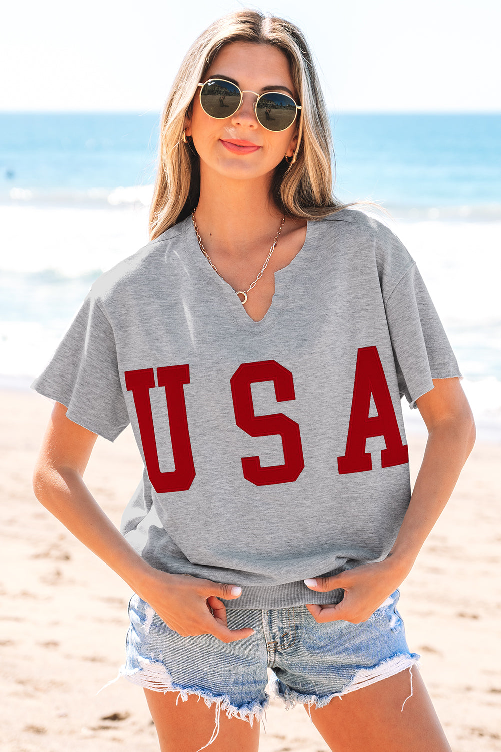 Light gray light t-shirt with lettering USA and notched collar