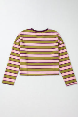 Long sleeve top with notched collar in spinach green contrast stripes and waffle texture