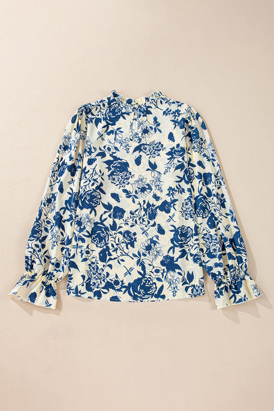 Sky blue blouse with floral print and ruffle sleeves *