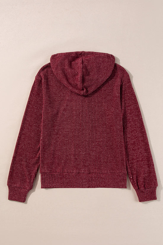 Dahlia Red Ribbed Drawstring Hoodie with Zip Front