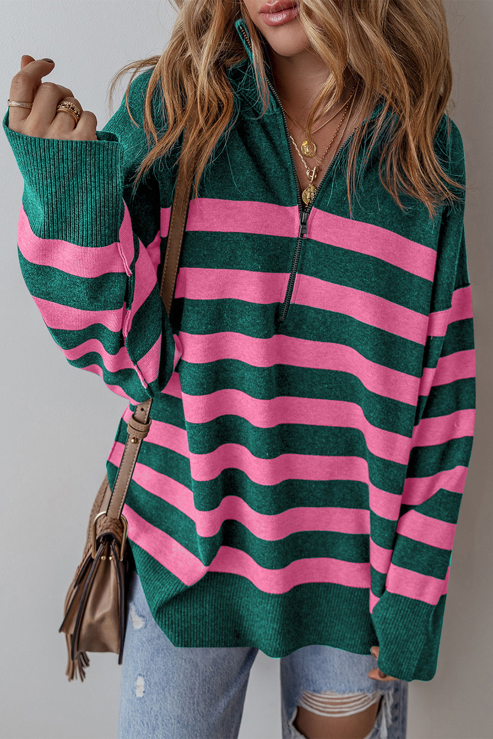 Green Oversized Sweater with Collar and Quarter Zip