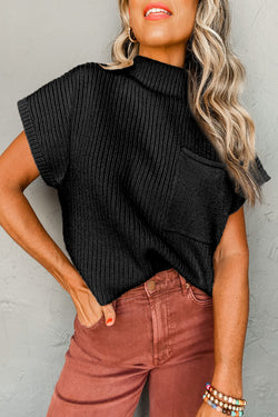 Black sweater with short sleeve in ribbed knitting *