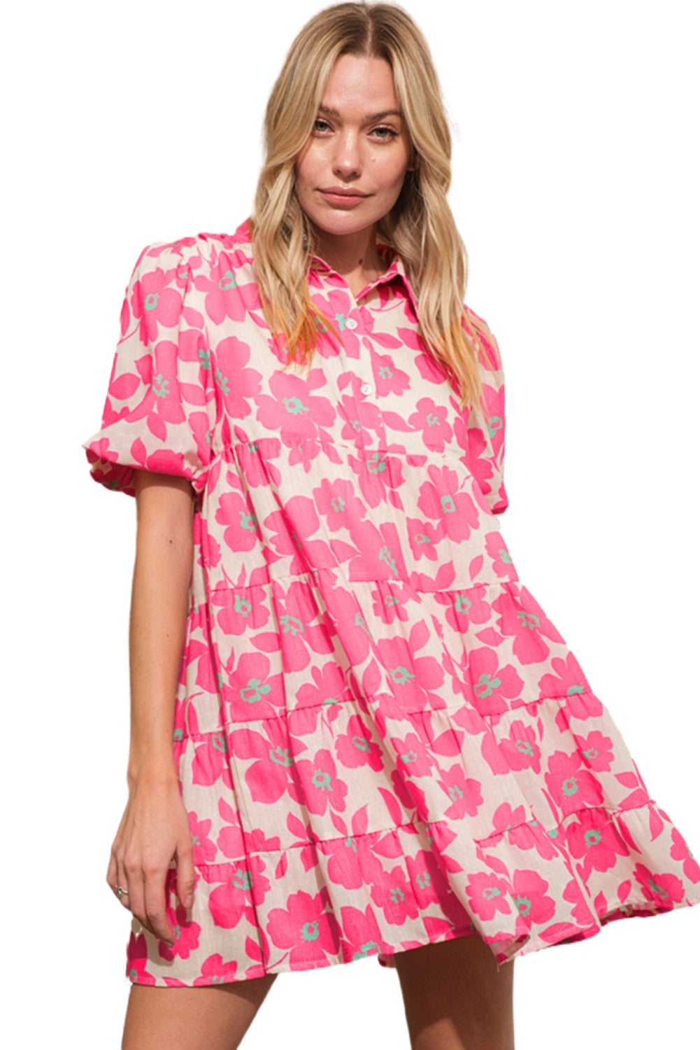 Mini robe de chemise à manches bouffées à manches bouffantes à plusieurs niveaux