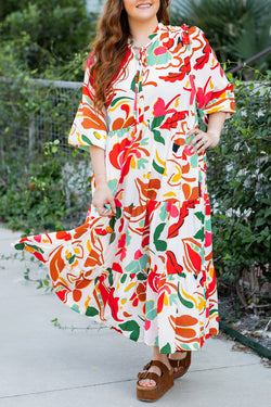 Vestido de estampado floral naranja con cordón de apriete y en V -ck, gran tamaño