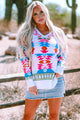 White Oversized Aztec Print Sweater, High Low, V-Neck