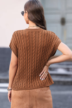 Short -sleeved chestnut sweater and round knitted knitted neck