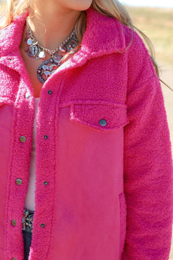 Hot Pink Faux Suede Patchwork Sherpa Button Down Jacket