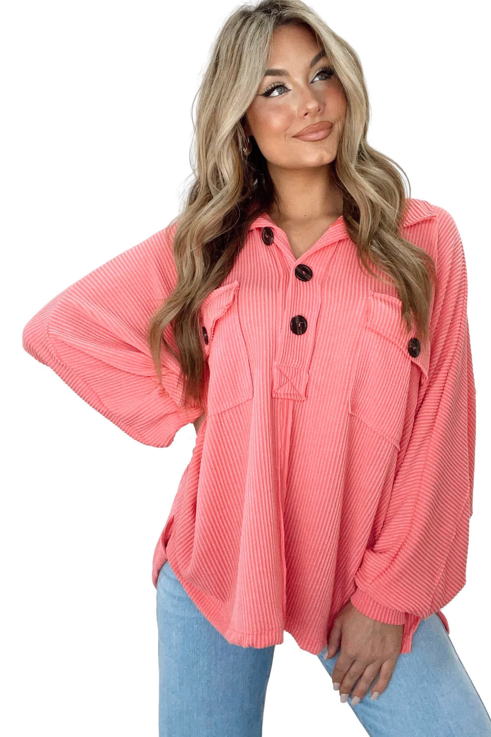 Top de bolsillo de aleta con cordón rosa Henley