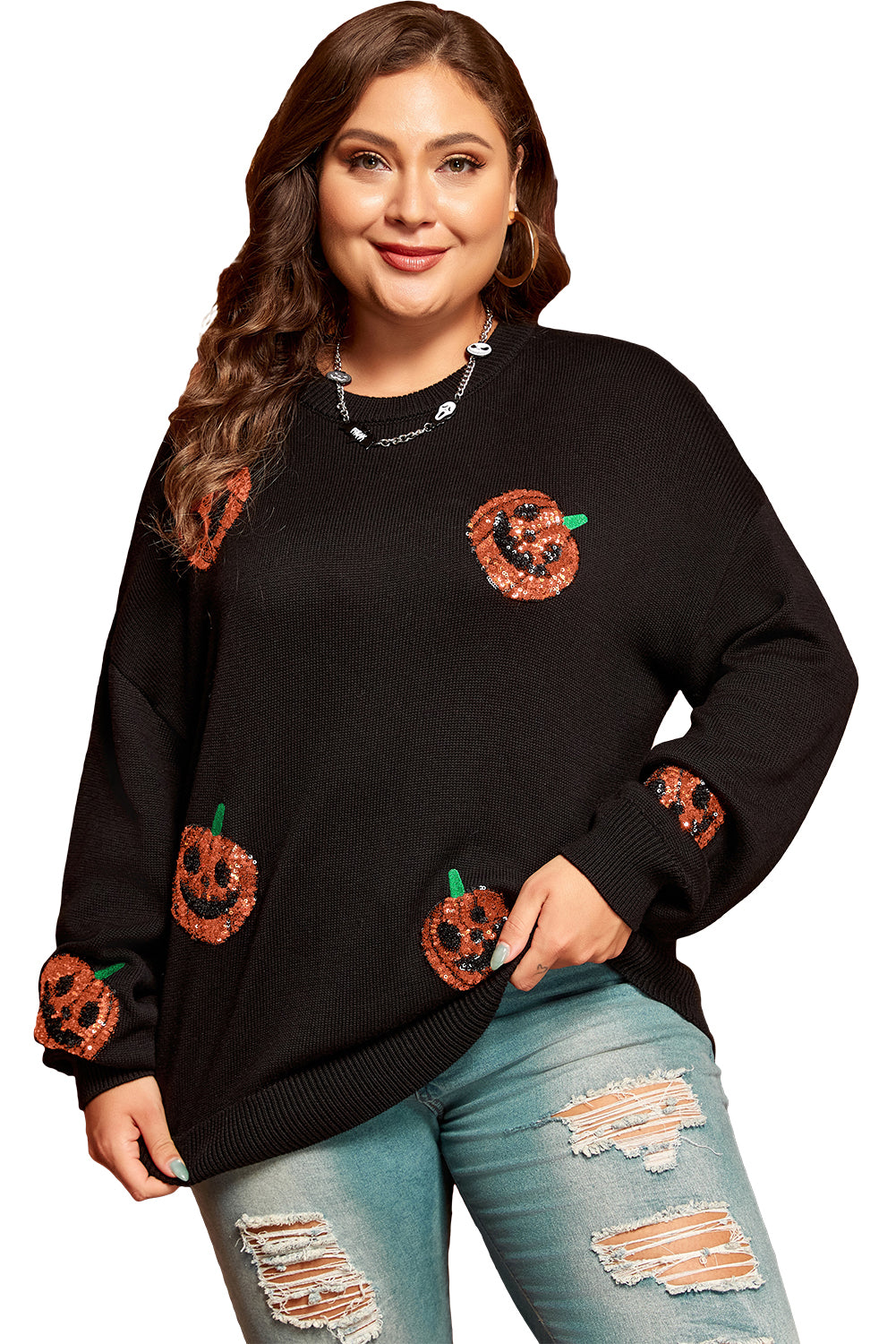 Plus Size Black Halloween Sequin Pumpkin Pattern Sweater