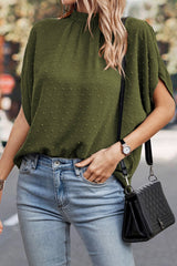 Blouse vert brume à pois suisses, col montant, manches chauve-souris-A WOMAN WE LOVE