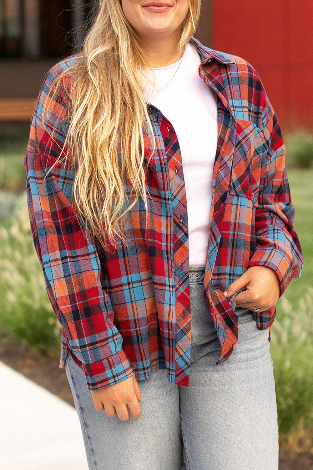 Chemise Boutonnée Imprimée à Carreaux Rouge Grande Taille